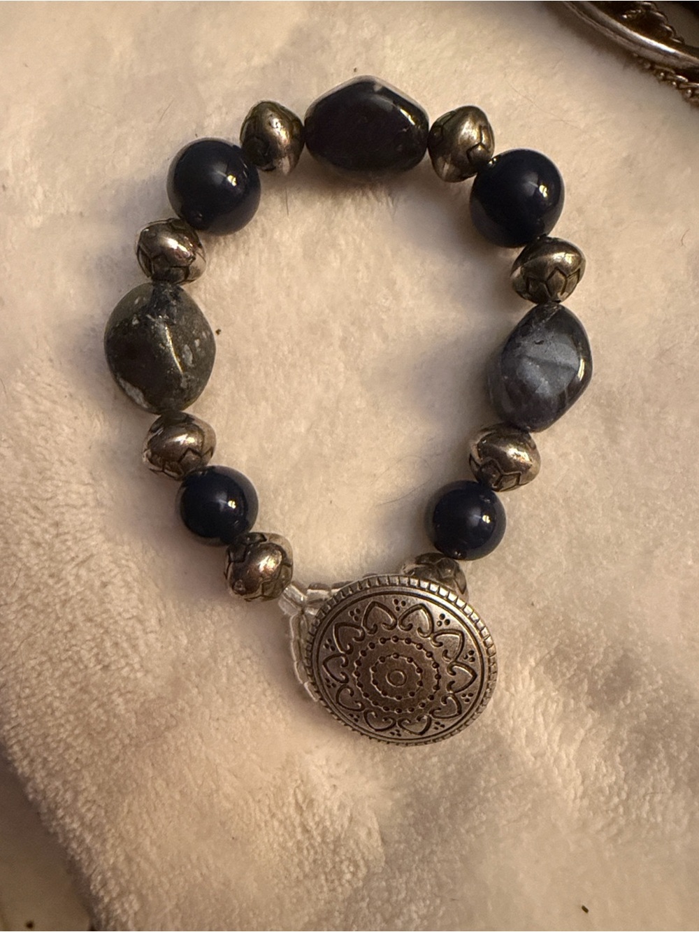 Source Unknown Navy Blue and Silver Bead Bracelet with Ornate Medallion